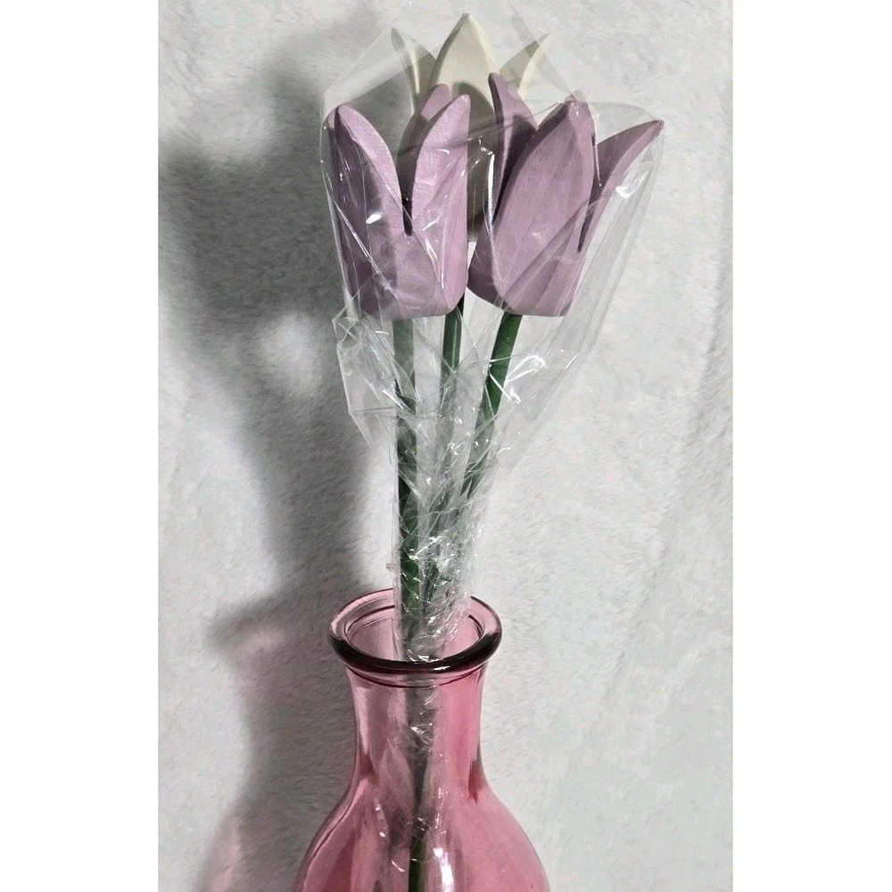 Vintage Hand Carved Wooden Tulips Home Decor Folk Art Set of 3 No Vase Included